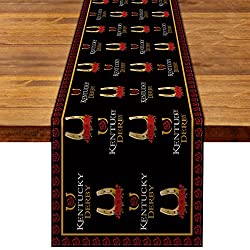 kentucky-derby-themed-black-table-runner-with-horseshoe-pattern-over-wooden-table