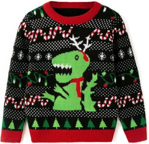 kids-sized-ugly-sweater-featuring-a-dinosaur-with-antlers-black-background-with-red-cuffs