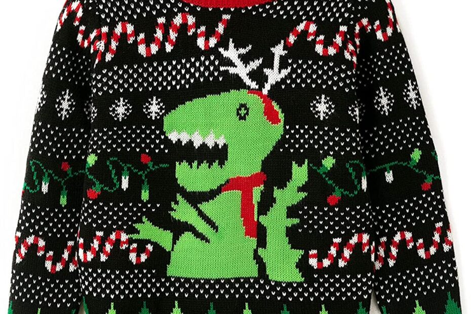 kids-sized-ugly-sweater-featuring-a-dinosaur-with-antlers-black-background-with-red-cuffs